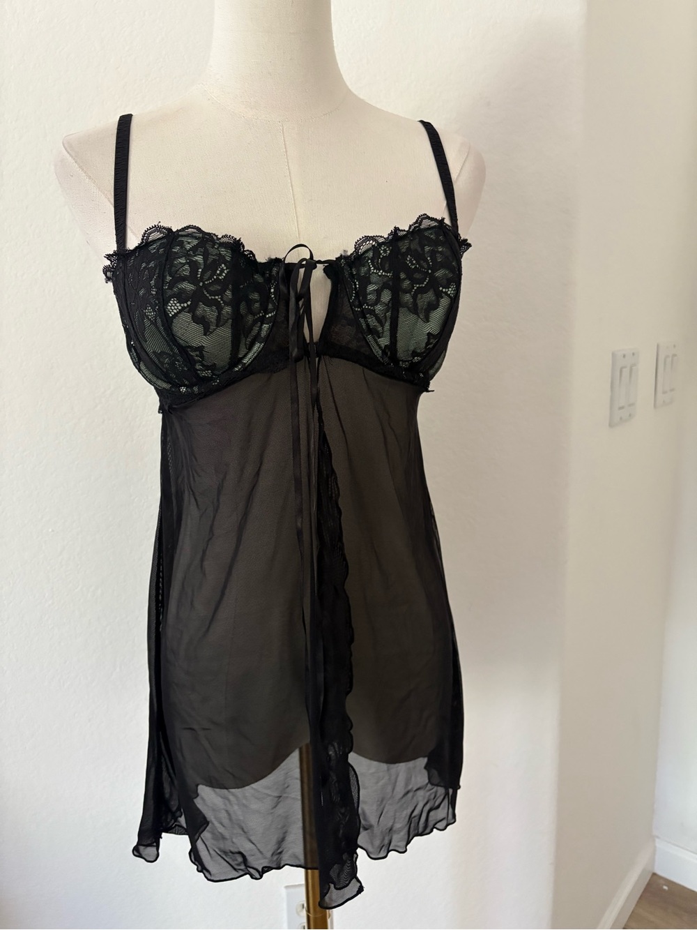 Sheer Black Lace Babydoll Chemise with Mint Lining